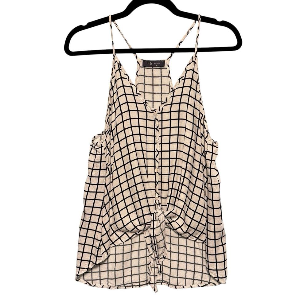 KLD Tie Front Windowpane Button Front Top SIZE MEDIUM Womens Shirt Made in USA